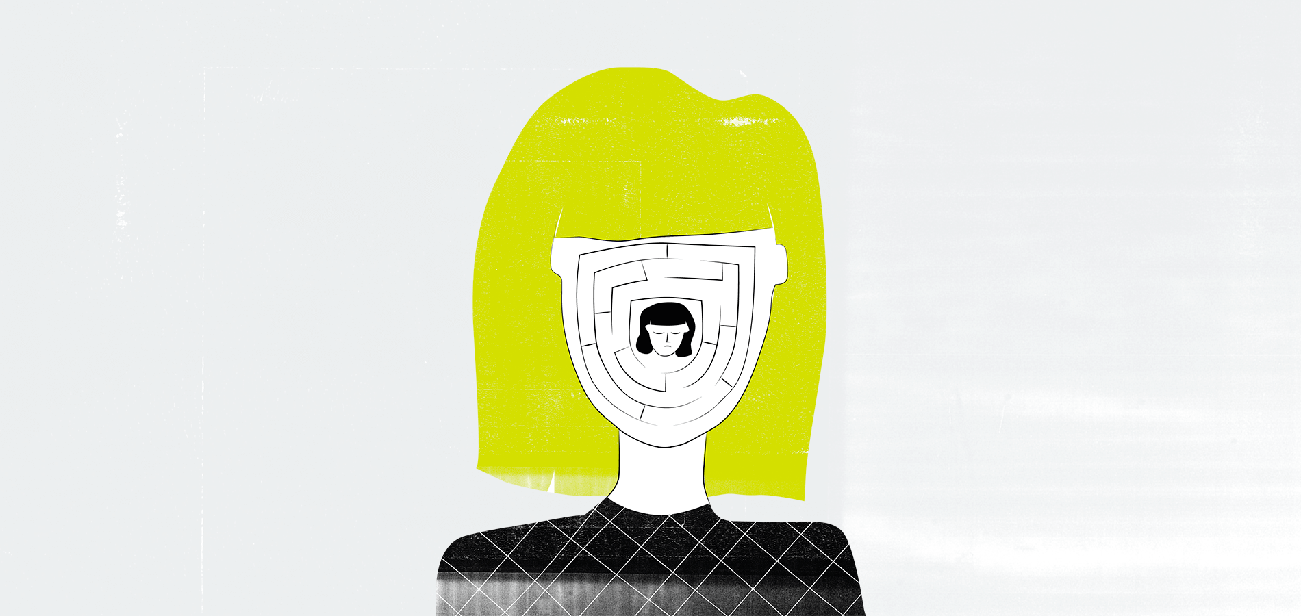 Illustration d'un personnage féminin avec, derrière elle, l'ombre d'un homme de profil. La femme a un bras enroulé autour du coup, comme un foulard.